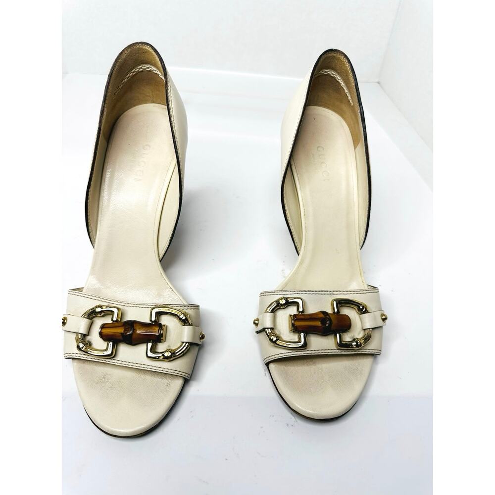 Gucci Ivory Leather Bamboo Horsebit Open Toe Pumps Women Mule Heel Size 6B - Picture 5 of 10